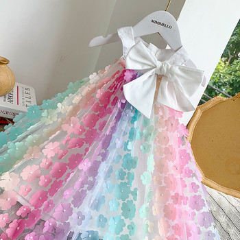 Φόρεμα κοριτσιού 2023 Καλοκαίρι κοριτσίστικα ρούχα Μόδα για μωρό Μεγάλο φιόγκο Τρισδιάστατο λουλούδι Φόρεμα Rainbow Mesh