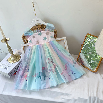 Haljina za djevojčice Ljetna odjeća za djevojčice 2023. Modna haljina za djevojčice s velikom mašnom Trodimenzionalna haljina s cvjetovima Mrežasta haljina duginih boja