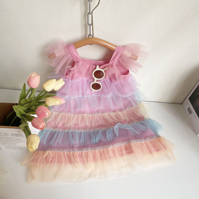 Haljina za djevojčice Ljetna odjeća za djevojčice 2023. Modna haljina za djevojčice s velikom mašnom Trodimenzionalna haljina s cvjetovima Mrežasta haljina duginih boja