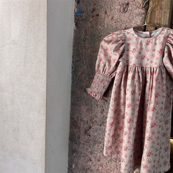 deer jonmi Νέο φθινόπωρο 2023 για μωρά κορίτσια με φλοράλ εμπριμέ φόρεμα ριπέ μανίκι ρετρό δικαστήριο Παιδικά φορέματα πριγκίπισσας