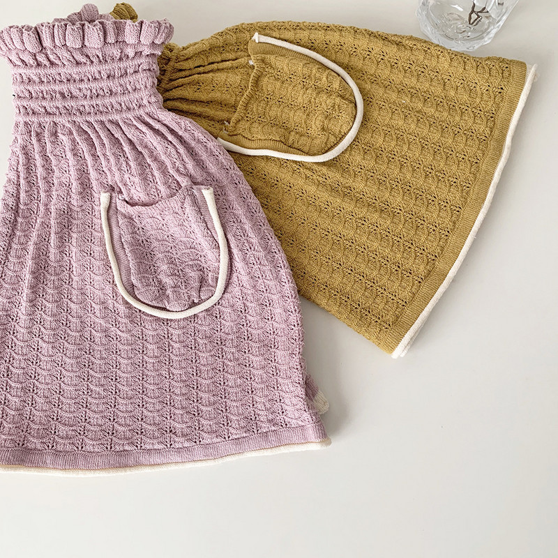 deer jonmi 2023 Πλεκτές φούστες για κοριτσάκια για το καλοκαίρι Κορεάτικο στυλ Μονόχρωμες τσέπες Hollow Out Μικρή παιδική μαλακή φούστα