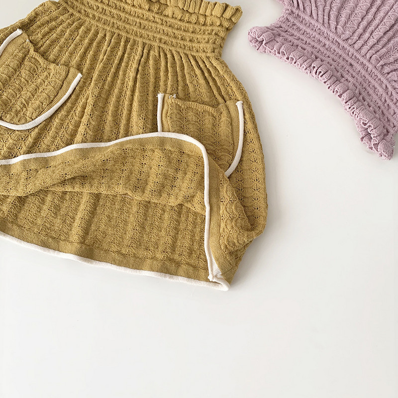 deer jonmi 2023 Πλεκτές φούστες για κοριτσάκια για το καλοκαίρι Κορεάτικο στυλ Μονόχρωμες τσέπες Hollow Out Μικρή παιδική μαλακή φούστα