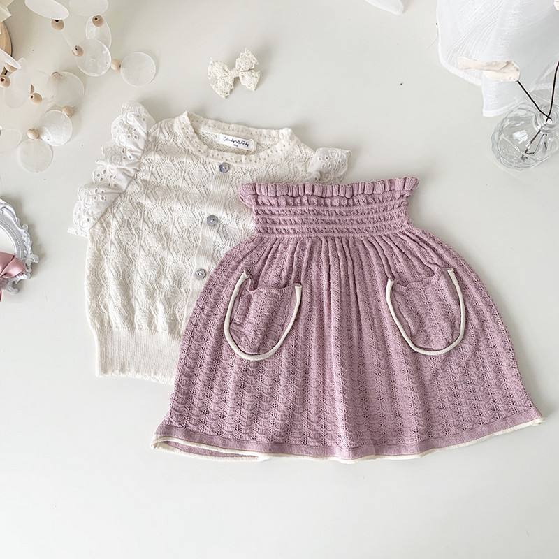 deer jonmi 2023 Πλεκτές φούστες για κοριτσάκια για το καλοκαίρι Κορεάτικο στυλ Μονόχρωμες τσέπες Hollow Out Μικρή παιδική μαλακή φούστα