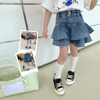 Καλοκαιρινό μονόχρωμο κοριτσίστικο τζιν φούστες πλισέ ψεύτικες δύο τεμάχια παντελόνι Παιδική τζιν φούστα ψεύτικες δύο τεμάχια