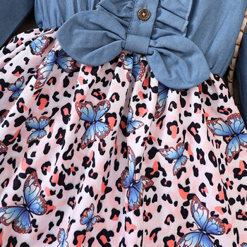 2023 Χειμερινό νέο φόρεμα για κορίτσια με μακρύ μανίκι O λαιμό φιόγκο με στάμπα πεταλούδα μπλε χαριτωμένο επώνυμα κορίτσια πριγκίπισσα φόρεμα Vestido 18M-7T