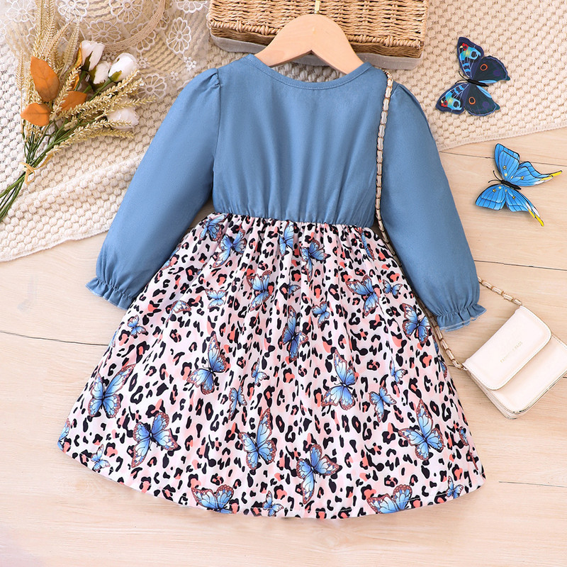 Nova zimska haljina za djevojčice 2023., dugih rukava, O izrez, mašna s printom leptira, plava slatka dizajnerska haljina princeze za djevojčice Vestido 18M-7T