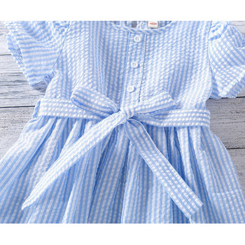 Καλοκαιρινό φόρεμα Παιδικά ρούχα για κορίτσια Γλυκό φόρεμα ριγέ εμπριμέ Φιόγκος κοντό μανίκι ζώνη στο γόνατο Φόρεμα σε γραμμή Α 2-12 ετών