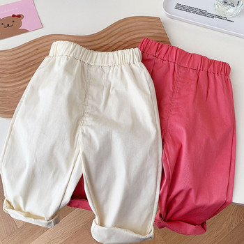 Детски панталон с ластик на талията Памук, едноцветни панталони с бродерия на цветя Бебешки панталони за момичета Пролет Есен Ежедневни модни панталони