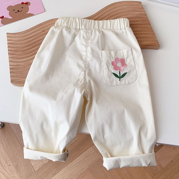 Детски панталон с ластик на талията Памук, едноцветни панталони с бродерия на цветя Бебешки панталони за момичета Пролет Есен Ежедневни модни панталони