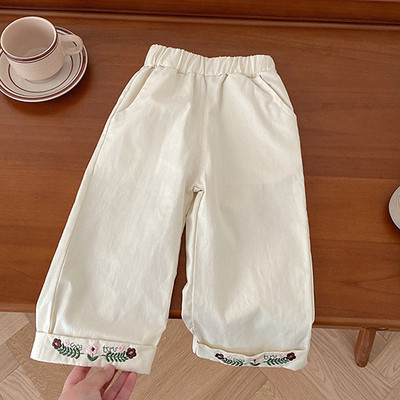 Dječje hlače s elastičnim strukom Pamučne jednobojne hlače s cvjetnim vezom za djevojčice Proljeće Jesen Ležerne modne hlače