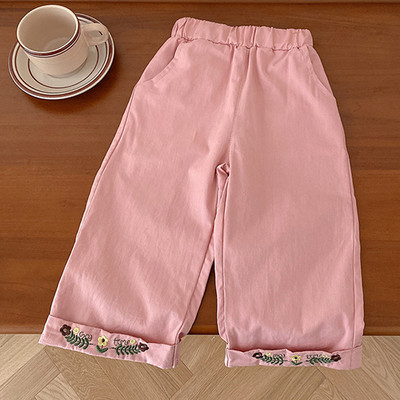 Dječje hlače s elastičnim strukom Pamučne jednobojne hlače s cvjetnim vezom za djevojčice Proljeće Jesen Ležerne modne hlače