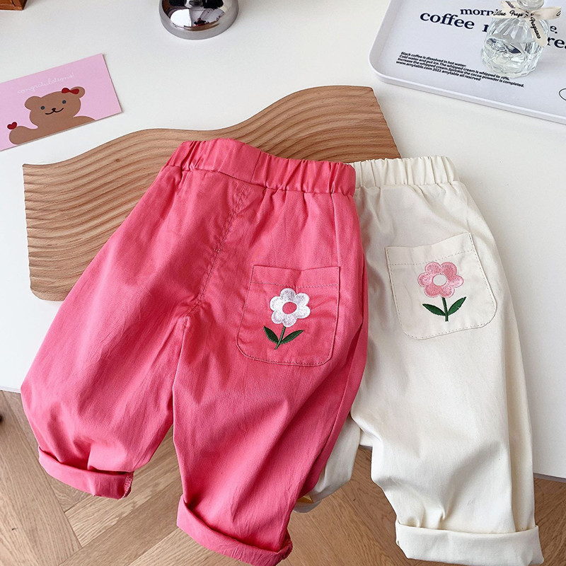 Dječje hlače s elastičnim strukom Pamučne jednobojne hlače s cvjetnim vezom za djevojčice Proljeće Jesen Ležerne modne hlače