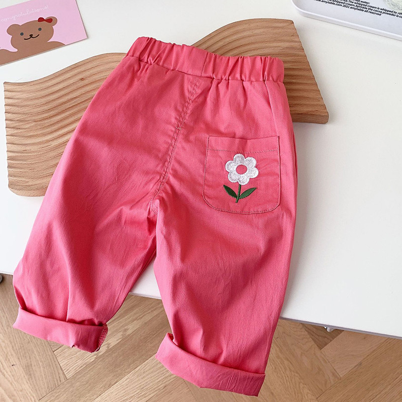 Dječje hlače s elastičnim strukom Pamučne jednobojne hlače s cvjetnim vezom za djevojčice Proljeće Jesen Ležerne modne hlače