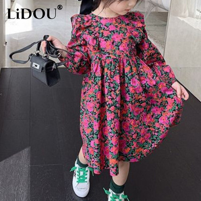 2023 Καλοκαιρινή κορεατική μόδα κομψό γλυκό φόρεμα Vintage αισθητικής χαριτωμένο Kawaii Floral μακρυμάνικο φαρδύ παιδικά ρούχα για κορίτσια