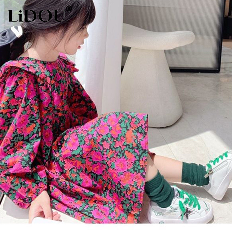 2023 Καλοκαιρινή κορεατική μόδα κομψό γλυκό φόρεμα Vintage αισθητικής χαριτωμένο Kawaii Floral μακρυμάνικο φαρδύ παιδικά ρούχα για κορίτσια