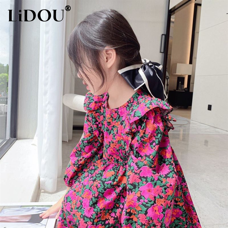 2023 Καλοκαιρινή κορεατική μόδα κομψό γλυκό φόρεμα Vintage αισθητικής χαριτωμένο Kawaii Floral μακρυμάνικο φαρδύ παιδικά ρούχα για κορίτσια