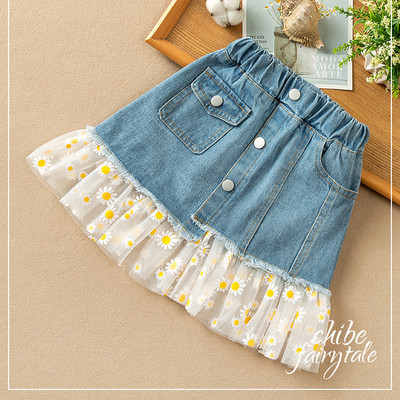 Vaikiški mergaičių nėriniuoti džinsiniai sijonai margumyno tinklelio susiuvami džinsiniai sijonai, 2022 m. Nauji, laisvalaikio paauglių mergaičių vasariniai korėjietiško stiliaus sijonai