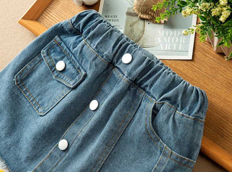 Vaikiški mergaičių nėriniuoti džinsiniai sijonai margumyno tinklelio susiuvami džinsiniai sijonai, 2022 m. Nauji, laisvalaikio paauglių mergaičių vasariniai korėjietiško stiliaus sijonai