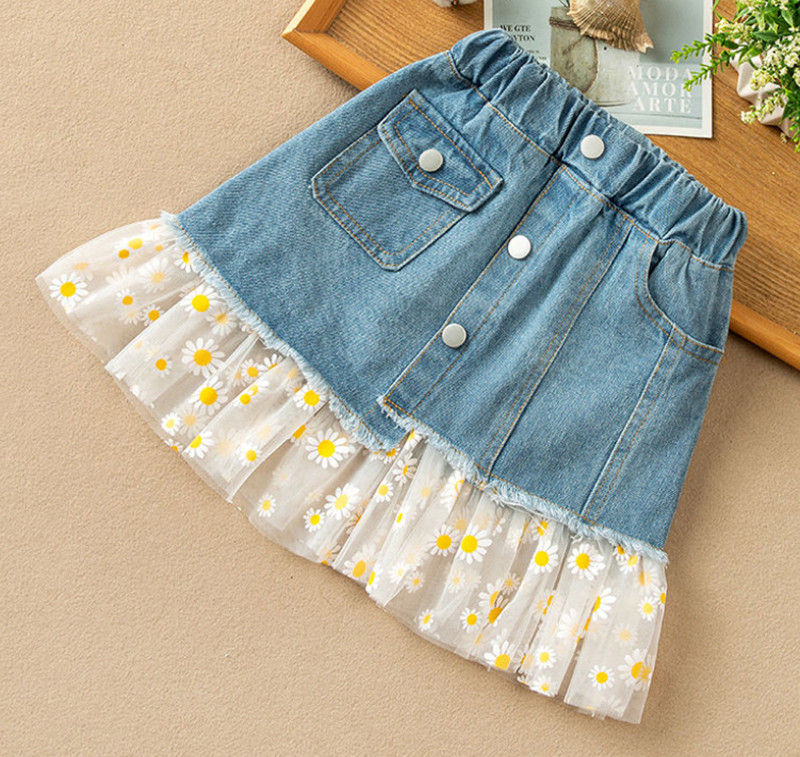 Vaikiški mergaičių nėriniuoti džinsiniai sijonai margumyno tinklelio susiuvami džinsiniai sijonai, 2022 m. Nauji, laisvalaikio paauglių mergaičių vasariniai korėjietiško stiliaus sijonai