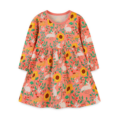 Nova jesenska pamučna haljina za djevojčice Dječja haljina s printom suncokreta i okruglim izrezom Slatka haljina princeze za djevojčice