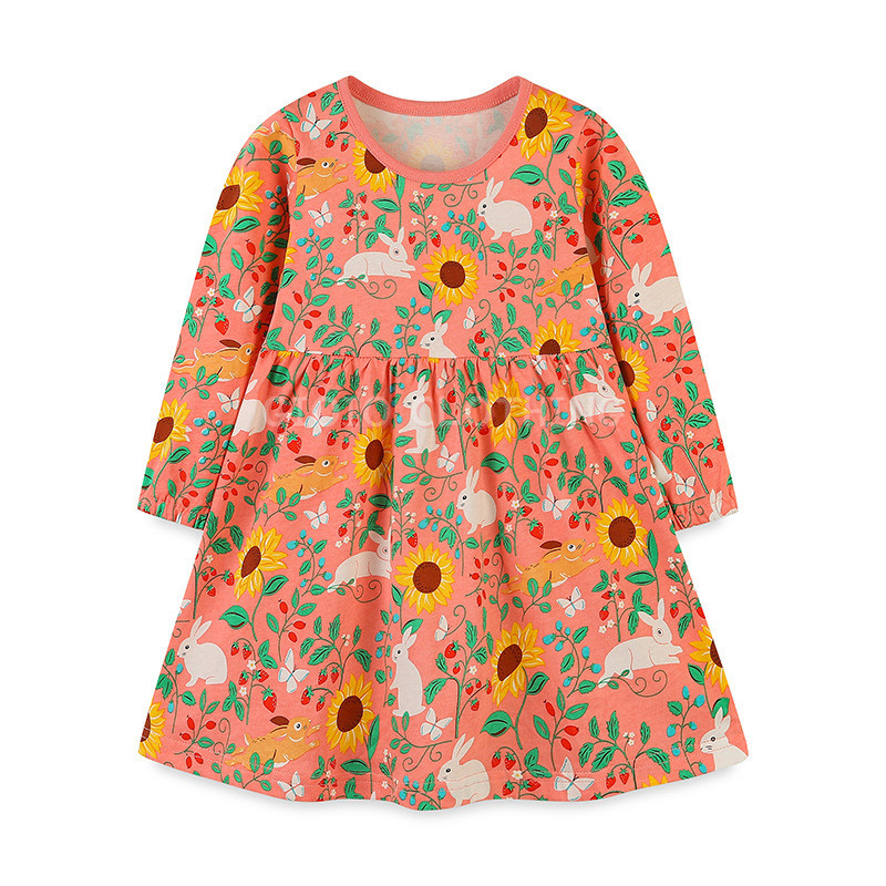 Nova jesenska pamučna haljina za djevojčice Dječja haljina s printom suncokreta i okruglim izrezom Slatka haljina princeze za djevojčice