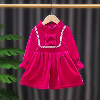 Κορίτσι Πριγκίπισσα Φόρεμα Κόκκινο Βελούδινο Φόρεμα Φθινοπωρινής Μόδας Φιόγκος Χριστουγεννιάτικο Κοστούμι για πάρτι γενεθλίων casual νήπιο κορίτσι μωρό A839