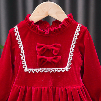 Κορίτσι Πριγκίπισσα Φόρεμα Κόκκινο Βελούδινο Φόρεμα Φθινοπωρινής Μόδας Φιόγκος Χριστουγεννιάτικο Κοστούμι για πάρτι γενεθλίων casual νήπιο κορίτσι μωρό A839