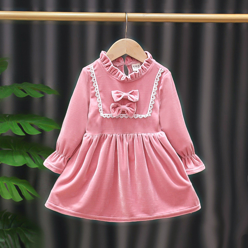 Haljina princeze za djevojčice Crveni baršun Jesenska modna haljina Mašna Kostim za rođendansku zabavu Božićna ležerna odjeća za malu djevojčicu A839