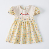 Κεντητό φόρεμα για κορίτσια Κορεάτικο Preppy Παιδικά Ρούχα Πέτο καρό στάμπα κοντομάνικο φόρεμα πριγκίπισσας μόδας παιδική στολή