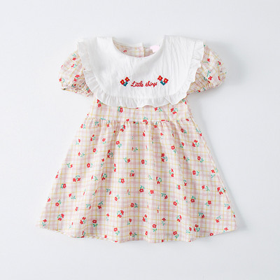 Κεντητό φόρεμα για κορίτσια Κορεάτικο Preppy Παιδικά Ρούχα Πέτο καρό στάμπα κοντομάνικο φόρεμα πριγκίπισσας μόδας παιδική στολή