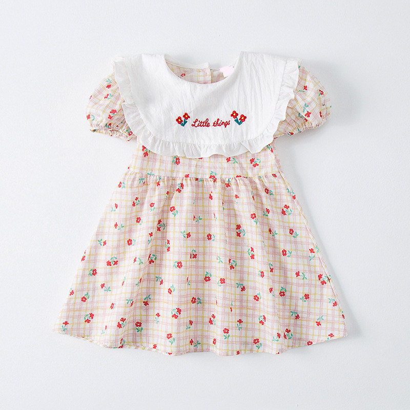 Κεντητό φόρεμα για κορίτσια Κορεάτικο Preppy Παιδικά Ρούχα Πέτο καρό στάμπα κοντομάνικο φόρεμα πριγκίπισσας μόδας παιδική στολή