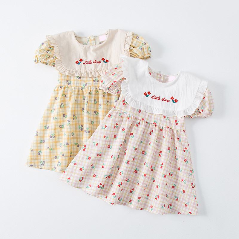 Κεντητό φόρεμα για κορίτσια Κορεάτικο Preppy Παιδικά Ρούχα Πέτο καρό στάμπα κοντομάνικο φόρεμα πριγκίπισσας μόδας παιδική στολή