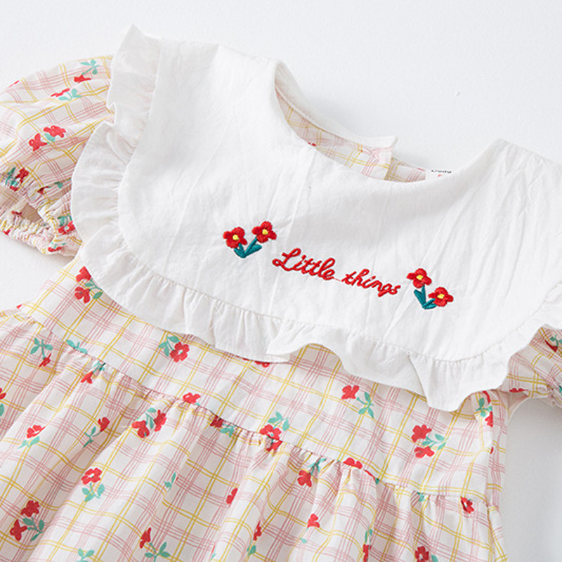 Κεντητό φόρεμα για κορίτσια Κορεάτικο Preppy Παιδικά Ρούχα Πέτο καρό στάμπα κοντομάνικο φόρεμα πριγκίπισσας μόδας παιδική στολή