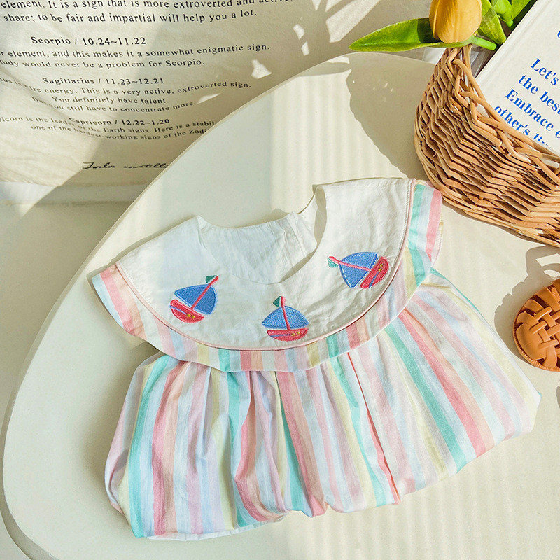 Ljetne mornaričke haljine za bebe bez rukava Dječja šarena prugasta jedrilica s vezom Haljine za djevojčice Modna dječja odjeća za djevojčice