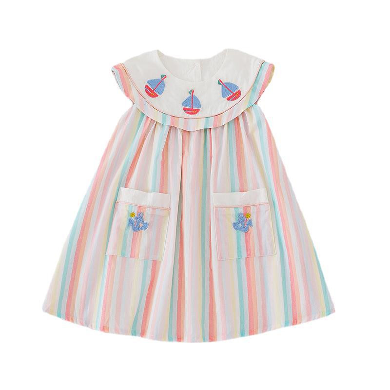 Ljetne mornaričke haljine za bebe bez rukava Dječja šarena prugasta jedrilica s vezom Haljine za djevojčice Modna dječja odjeća za djevojčice