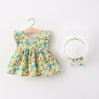Baby Girl Idyllic Princess Dress 2022 Summer New Small Flying Sleeves Flower φόρεμα Αμάνικο φόρεμα παραλίας + καπέλο Παιδικά ρούχα