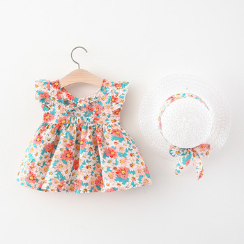 Baby Girl Idyllic Princess Dress 2022 Summer New Small Flying Sleeves Flower φόρεμα Αμάνικο φόρεμα παραλίας + καπέλο Παιδικά ρούχα
