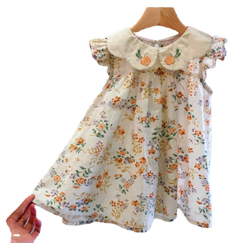 Ljetna odjeća Dječja francuska haljina na preklop Dječja odjeća Princess Vestidos Tanka haljina za djevojčice, mala cvjetna haljina letećih rukava