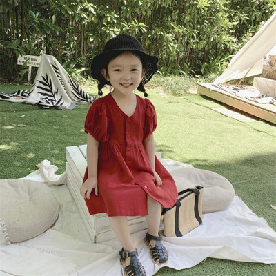 2022. aasta sügisene lasteriided Jaapani Korea Lihtne stiilne beebitüdrukute printsessikleit V-kaelusega lühikeste varrukatega laste vabaajakleit