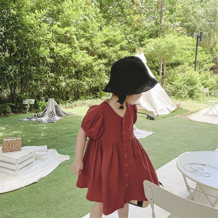 2022. aasta sügisene lasteriided Jaapani Korea Lihtne stiilne beebitüdrukute printsessikleit V-kaelusega lühikeste varrukatega laste vabaajakleit