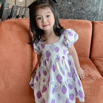 Καλοκαιρινό φόρεμα για κορίτσια Γλυκό μωβ φράουλα γιακάς φουσκωτό μανίκια Φόρεμα Παιδικά ρούχα Παιδικά ρούχα