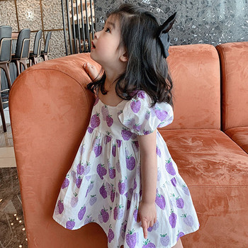 Καλοκαιρινό φόρεμα για κορίτσια Γλυκό μωβ φράουλα γιακάς φουσκωτό μανίκια Φόρεμα Παιδικά ρούχα Παιδικά ρούχα
