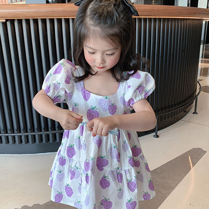 Ljetna haljina za djevojčice Sweet Purple Jagoda Četvrtasti ovratnik Puf rukavi Haljina Beba Dječja odjeća Dječja odjeća
