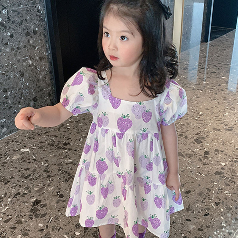 Ljetna haljina za djevojčice Sweet Purple Jagoda Četvrtasti ovratnik Puf rukavi Haljina Beba Dječja odjeća Dječja odjeća