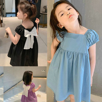 Φόρεμα καλοκαιρινού κοριτσιού με φιόγκο με κόμπο τετράγωνο γιακά με κοντό μανίκι Γλυκό φόρεμα πριγκίπισσας Κορεάτικο Παιδικό παιδικό ρούχο για κορίτσι