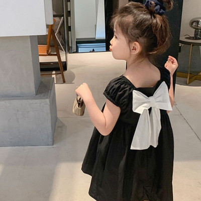 Rochie de vară pentru fete, cu fundă, guler pătrat, cu mânecă scurtă, rochie de prințesă dulce, în stil coreean, pentru copii, pentru bebeluși, pentru copii.