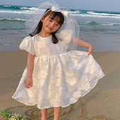 Rochie de vară pentru fete, cu mâneci bufante, cu flori mari, rochie drăguță, cu flori, rochie de petrecere prințesă albă, haine noi pentru copii