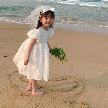 Καλοκαιρινό φόρεμα για κορίτσια Μεγάλο λουλούδι Puff μανίκι Γλυκό χαριτωμένο φόρεμα απλικέ λουλούδια Λευκό φόρεμα πάρτι πριγκίπισσας Νέα παιδικά ρούχα
