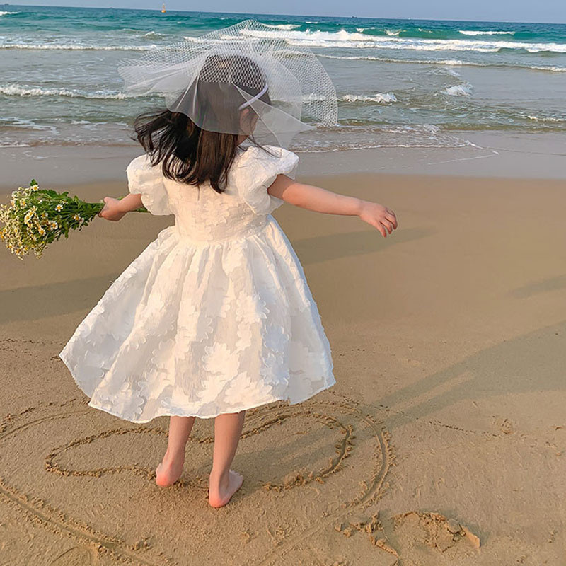 Rochie de vară pentru fete, cu mâneci bufante, cu flori mari, rochie drăguță, cu flori, rochie de petrecere prințesă albă, haine noi pentru copii