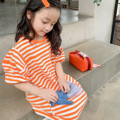 Haljina majica kratkih rukava za djevojčice Prugasta haljina do sredine rukava Dugi gornji džemper Haljina 2022. Proljeće ljeto Nova moda Ležerna sportska Dječja odjeća